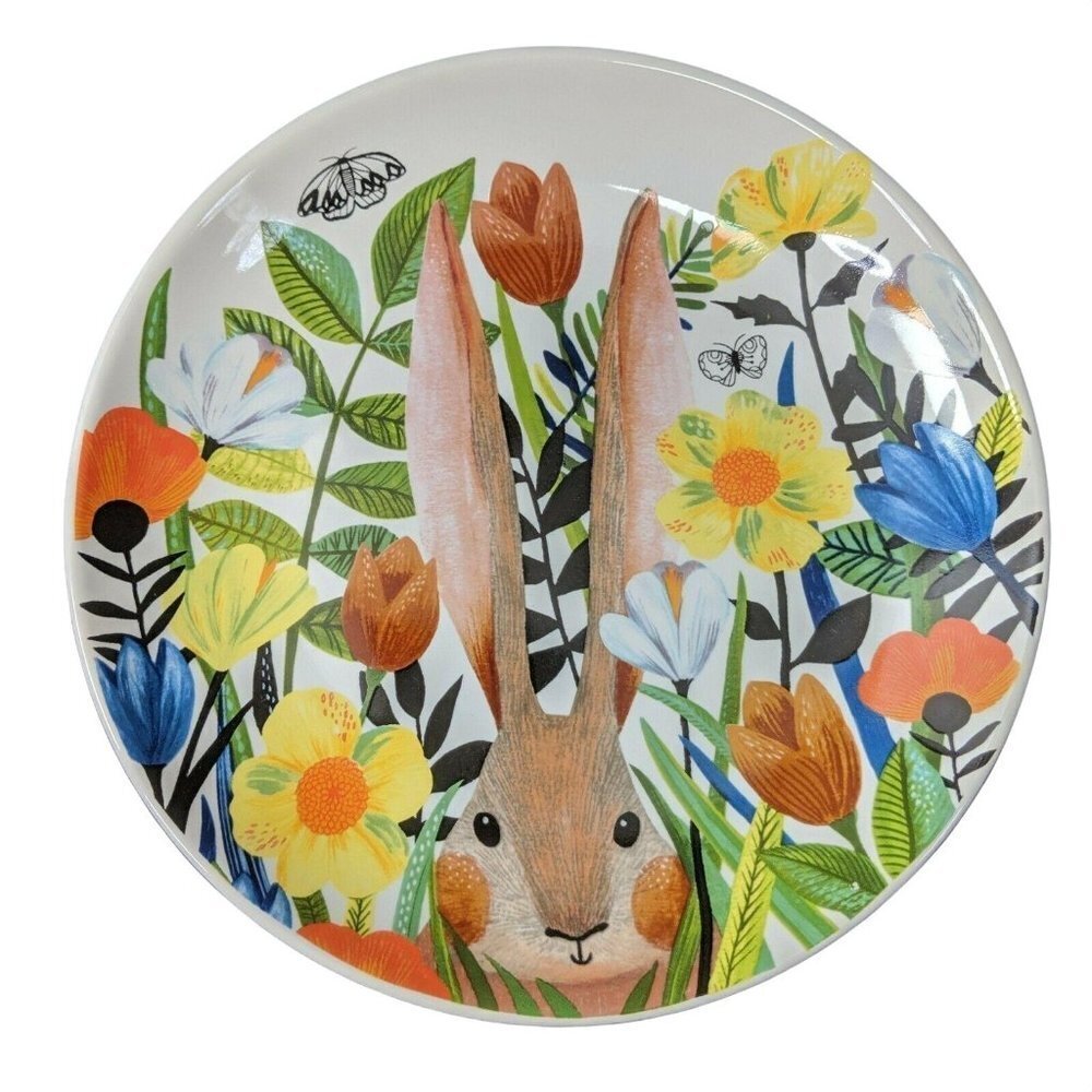 Pier 1 Bunny Plate Dessert Salad Mod Floral Spring Easter 8 Inch‎ Porcelain New